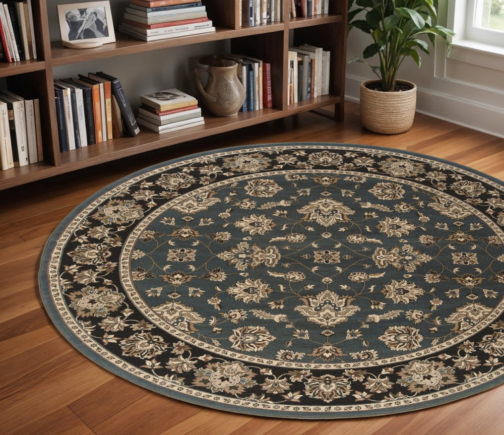 HomeRoots 6' Floral Slate Blue Black and Ivory Rug - Durable, Stain-Resistant Design for High-Traffic Areas 8' Round 574186