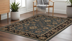 HomeRoots 6' Floral Slate Blue Black and Ivory Rug - Durable, Stain-Resistant Design for High-Traffic Areas 8' Square 574187