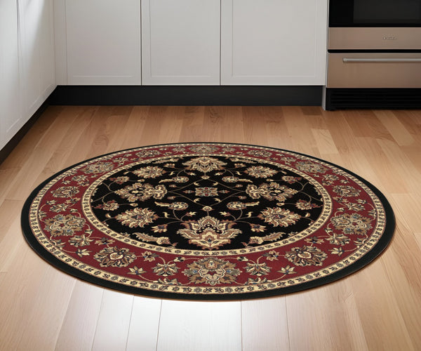 HomeRoots 6' Floral Ivory, Red & Black Rug - Durable, Stain-Resistant Design for High-Traffic Spaces & Style 6' Round 574188
