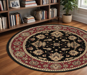 HomeRoots 6' Floral Ivory, Red & Black Rug - Durable, Stain-Resistant Design for High-Traffic Spaces & Style 8' Round 574189