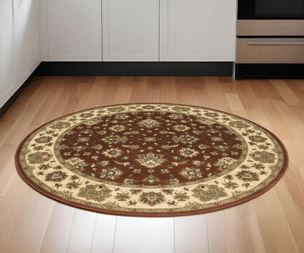HomeRoots 6' Floral Red and Ivory Round Rug - Durable, Elegant Design for Living Spaces and High-Traffic Areas 6' Round 574191