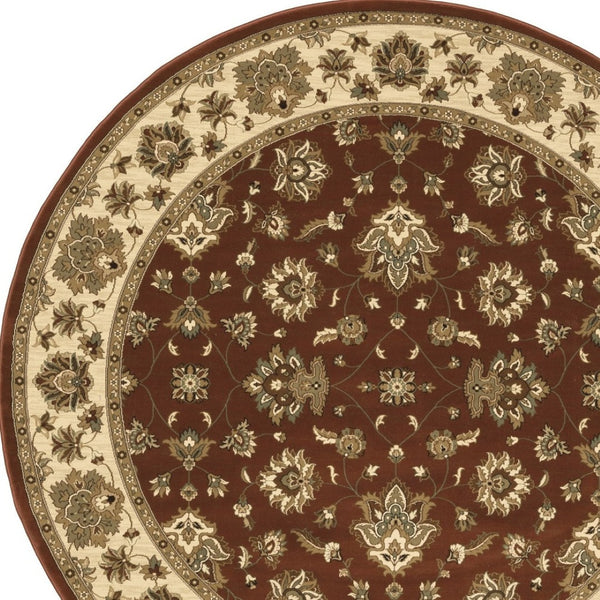 HomeRoots 6' Floral Red and Ivory Round Rug - Durable, Elegant Design for Living Spaces and High-Traffic Areas 8' Round 574192
