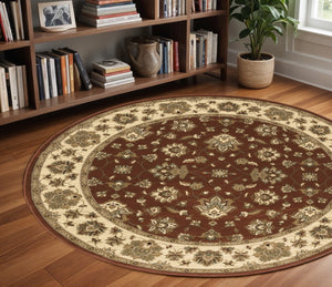 HomeRoots 6' Floral Red and Ivory Round Rug - Durable, Elegant Design for Living Spaces and High-Traffic Areas 8' Round 574192