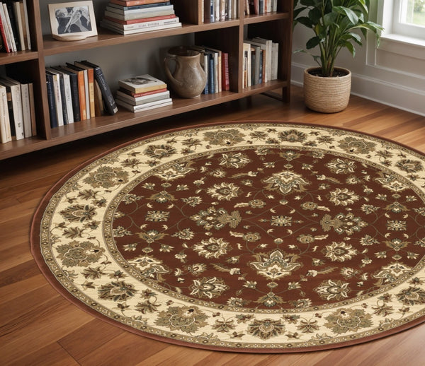 HomeRoots 6' Floral Red and Ivory Round Rug - Durable, Elegant Design for Living Spaces and High-Traffic Areas 8' Round 574192