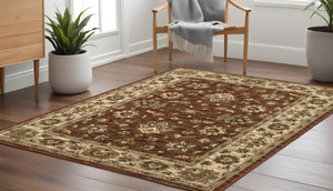 HomeRoots 6' Floral Red and Ivory Round Rug - Durable, Elegant Design for Living Spaces and High-Traffic Areas 8' Square 574193