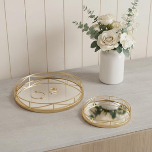 HomeRoots Set of Two Gold Solid Wood Round Trays - Elegant Tabletop Organizers for Home Décor & Gifts 574197