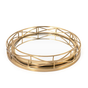HomeRoots Set of Two Gold Solid Wood Round Trays - Elegant Tabletop Organizers for Home Décor & Gifts 574197
