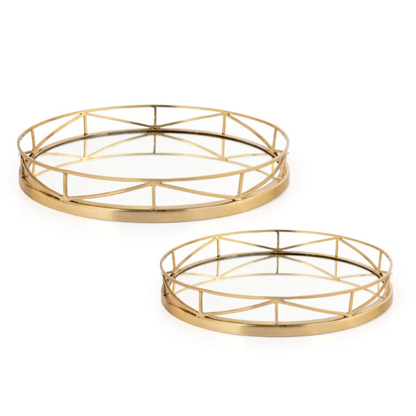 HomeRoots Set of Two Gold Solid Wood Round Trays - Elegant Tabletop Organizers for Home Décor & Gifts 574197