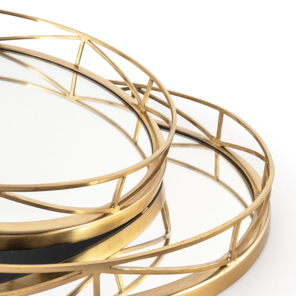 HomeRoots Set of Two Gold Solid Wood Round Trays - Elegant Tabletop Organizers for Home Décor & Gifts 574197