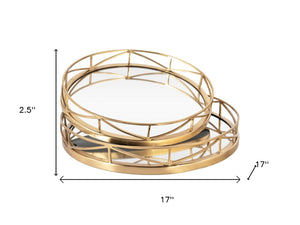 HomeRoots Set of Two Gold Solid Wood Round Trays - Elegant Tabletop Organizers for Home Décor & Gifts 574197