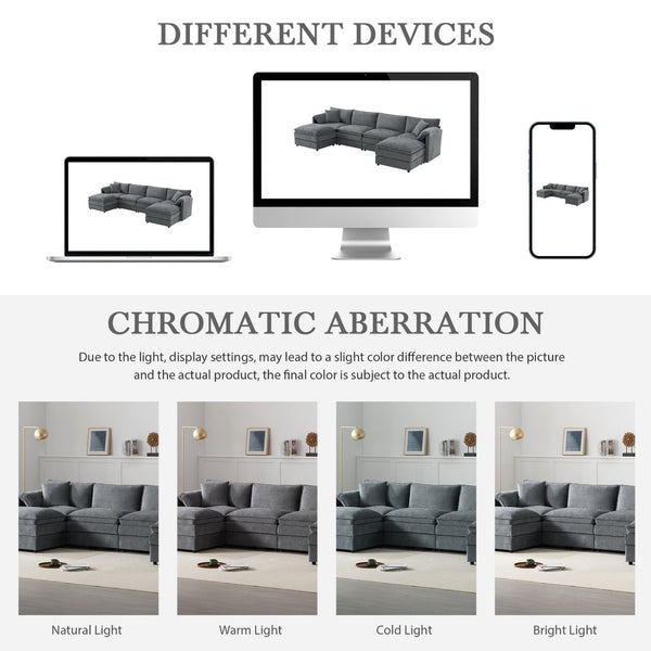 English Elm [video]136" Chenille U-shaped Sectional Six Seat Cloud Sofa with Movable Ottomans Dark Gray N723S1687B