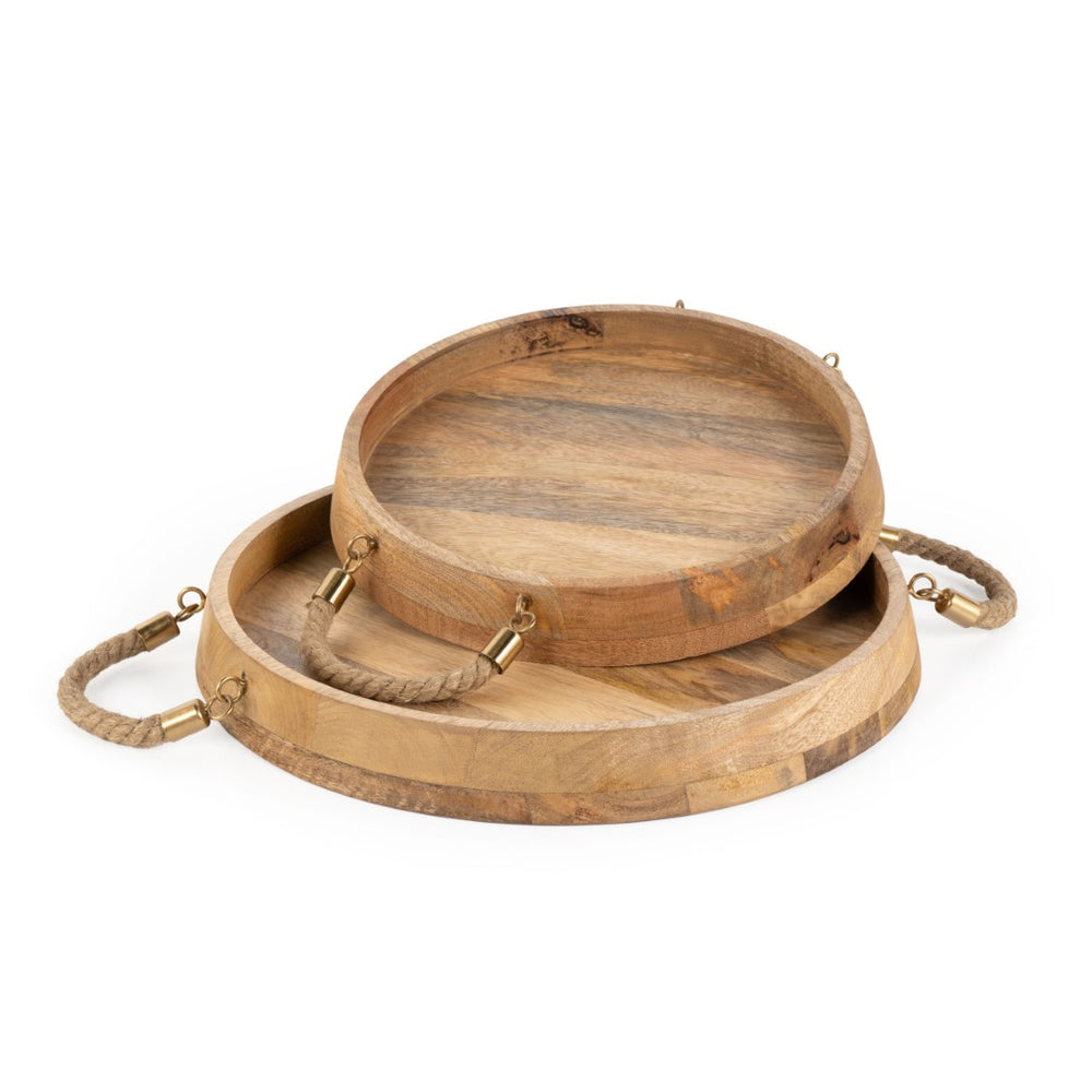 HomeRoots Set of Two Handcrafted Round Mango Wood Serving Trays with Jute Handles for Rustic Decor 574199