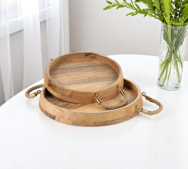 HomeRoots Set of Two Handcrafted Round Mango Wood Serving Trays with Jute Handles for Rustic Decor 574199