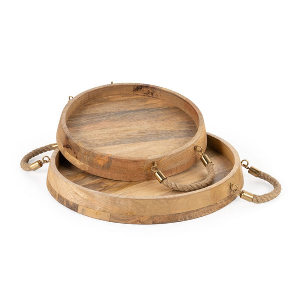 HomeRoots Set of Two Handcrafted Round Mango Wood Serving Trays with Jute Handles for Rustic Decor 574199
