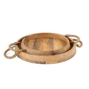 HomeRoots Set of Two Handcrafted Round Mango Wood Serving Trays with Jute Handles for Rustic Decor 574199