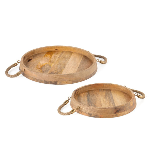 HomeRoots Set of Two Handcrafted Round Mango Wood Serving Trays with Jute Handles for Rustic Decor 574199