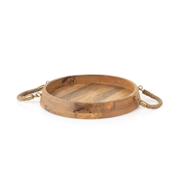 HomeRoots Set of Two Handcrafted Round Mango Wood Serving Trays with Jute Handles for Rustic Decor 574199