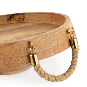 HomeRoots Set of Two Handcrafted Round Mango Wood Serving Trays with Jute Handles for Rustic Decor 574199