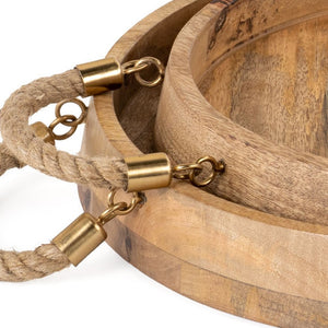 HomeRoots Set of Two Handcrafted Round Mango Wood Serving Trays with Jute Handles for Rustic Decor 574199