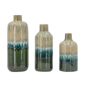 HomeRoots Set of Three Round Ceramic Vases in Soft Beige, Blue & Green - Contemporary Home Décor Accent 574205