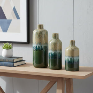 HomeRoots Set of Three Round Ceramic Vases in Soft Beige, Blue & Green - Contemporary Home Décor Accent 574205