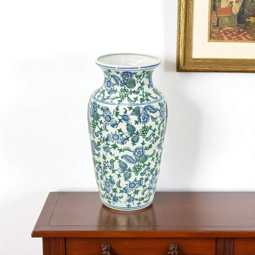 HomeRoots 24" Chinoiserie Porcelain Vase with Cherry Blossom Motif - Elegant Floral Centerpiece for Home Décor 574213