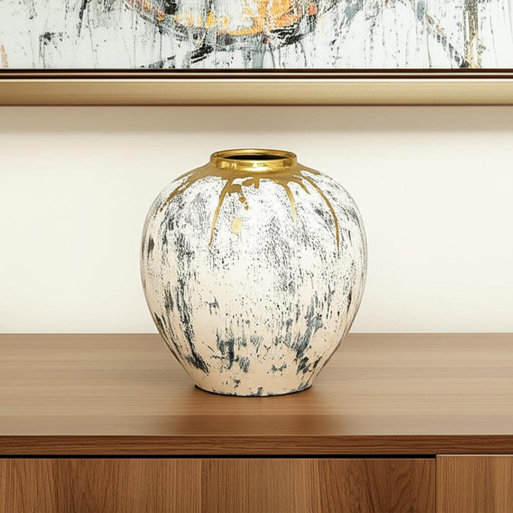 HomeRoots 12" Gray Ivory Gold Ceramic Table Vase - Modern Abstract Design for Elegant Home Décor & Gifts 574217