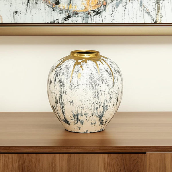 HomeRoots 12" Gray Ivory Gold Ceramic Table Vase - Modern Abstract Design for Elegant Home Décor & Gifts 574217