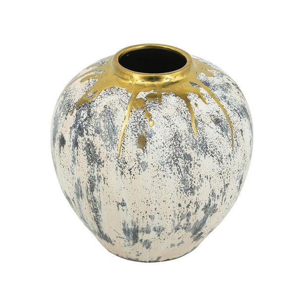 HomeRoots 12" Gray Ivory Gold Ceramic Table Vase - Modern Abstract Design for Elegant Home Décor & Gifts 574217