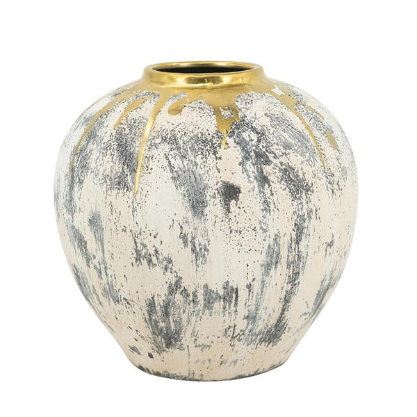 HomeRoots 12" Gray Ivory Gold Ceramic Table Vase - Modern Abstract Design for Elegant Home Décor & Gifts 574217