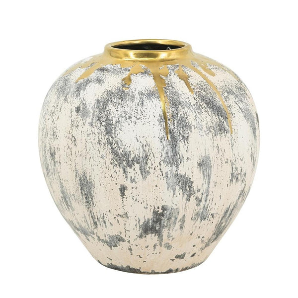 HomeRoots 12" Gray Ivory Gold Ceramic Table Vase - Modern Abstract Design for Elegant Home Décor & Gifts 574217