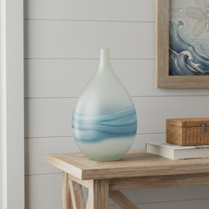 HomeRoots 16" Coastal-Inspired White and Blue Swirl Art Glass Table Vase – Elegant Centerpiece for Home Decor 574239