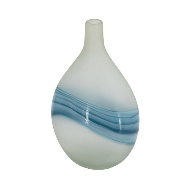 HomeRoots 16" Coastal-Inspired White and Blue Swirl Art Glass Table Vase – Elegant Centerpiece for Home Decor 574239