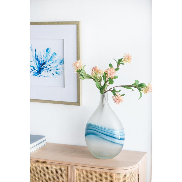 HomeRoots 16" Coastal-Inspired White and Blue Swirl Art Glass Table Vase – Elegant Centerpiece for Home Decor 574239