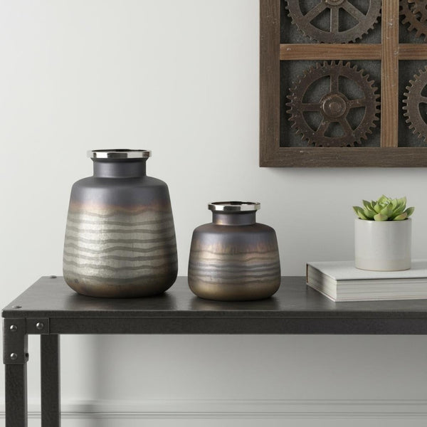 HomeRoots Set of Two Modern Black and Gray Abstract Glass Vases – Stylish Decor for Any Home or Office Space 574241