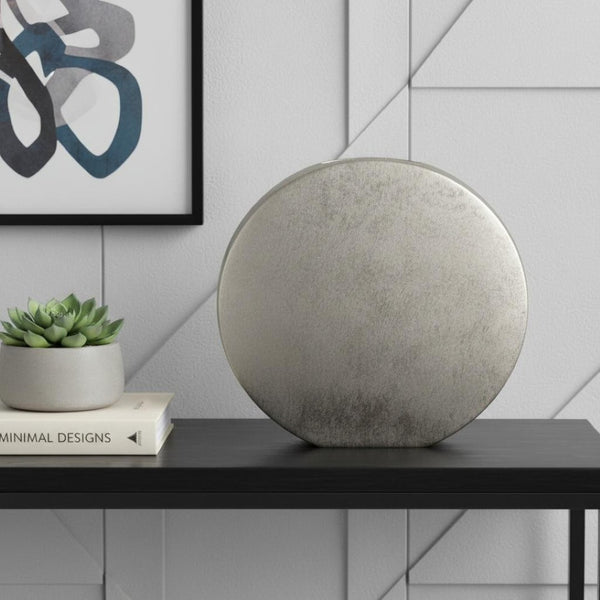 HomeRoots 15" Silver Aluminum Round Disc Vase – Modern Minimalism, Sculptural Centerpiece for Any Decor Style 574242
