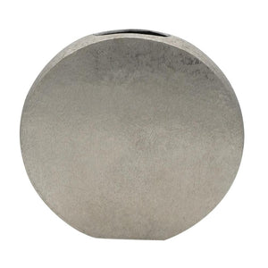 HomeRoots 15" Silver Aluminum Round Disc Vase – Modern Minimalism, Sculptural Centerpiece for Any Decor Style 574242