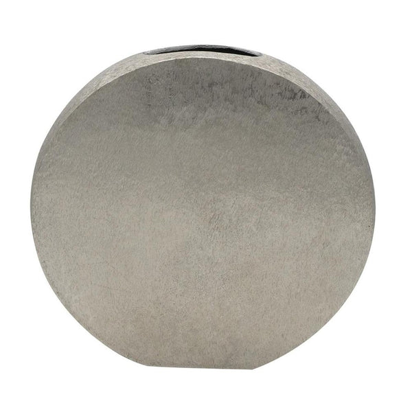 HomeRoots 15" Silver Aluminum Round Disc Vase – Modern Minimalism, Sculptural Centerpiece for Any Decor Style 574242