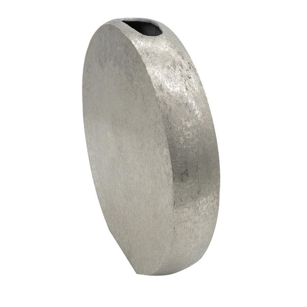 HomeRoots 15" Silver Aluminum Round Disc Vase – Modern Minimalism, Sculptural Centerpiece for Any Decor Style 574242