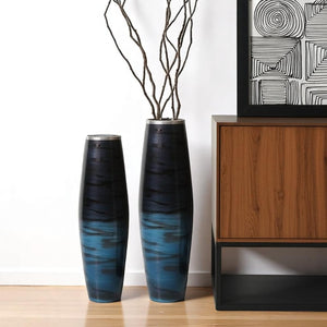 HomeRoots Set of Two Elegant Black and Blue Abstract Glass Floor Vases for Modern Home Decor & Style 574243