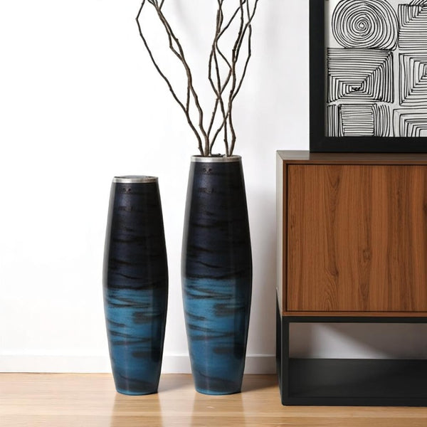 HomeRoots Set of Two Elegant Black and Blue Abstract Glass Floor Vases for Modern Home Decor & Style 574243