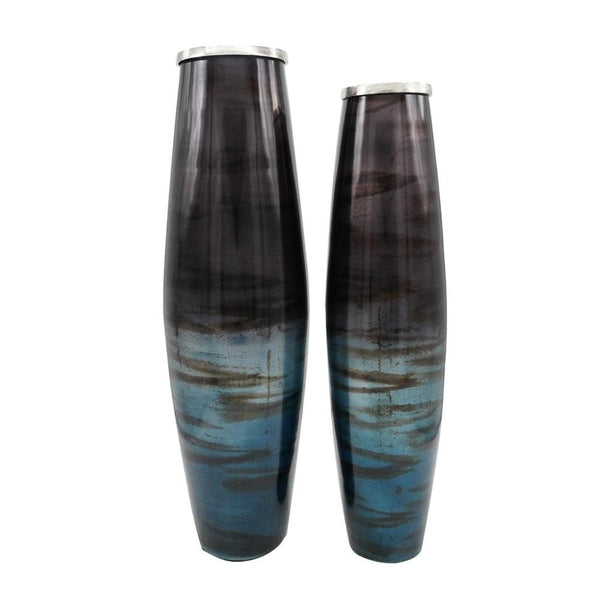 HomeRoots Set of Two Elegant Black and Blue Abstract Glass Floor Vases for Modern Home Decor & Style 574243