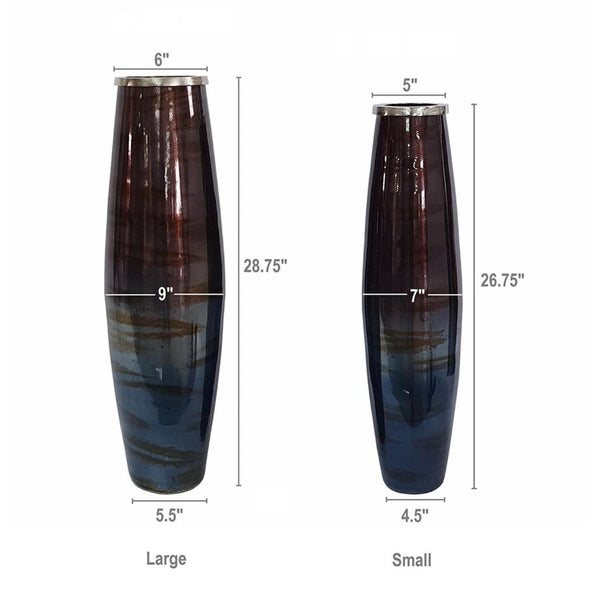 HomeRoots Set of Two Elegant Black and Blue Abstract Glass Floor Vases for Modern Home Decor & Style 574243