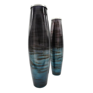 HomeRoots Set of Two Elegant Black and Blue Abstract Glass Floor Vases for Modern Home Decor & Style 574243