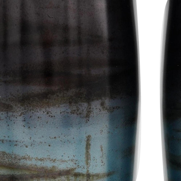HomeRoots Set of Two Elegant Black and Blue Abstract Glass Floor Vases for Modern Home Decor & Style 574243