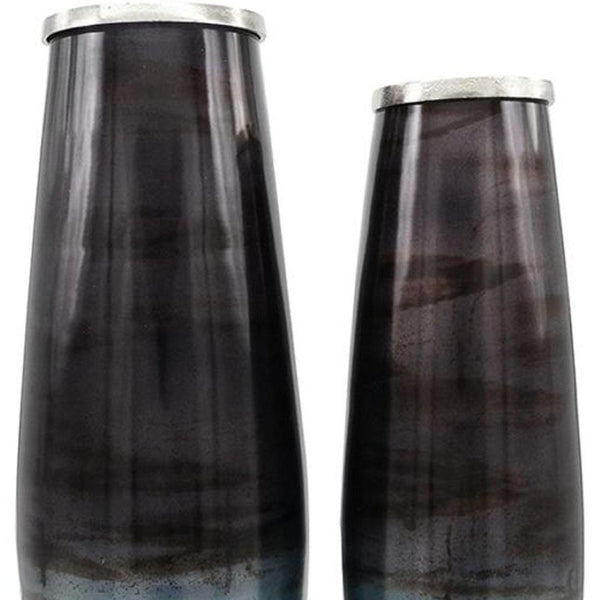 HomeRoots Set of Two Elegant Black and Blue Abstract Glass Floor Vases for Modern Home Decor & Style 574243