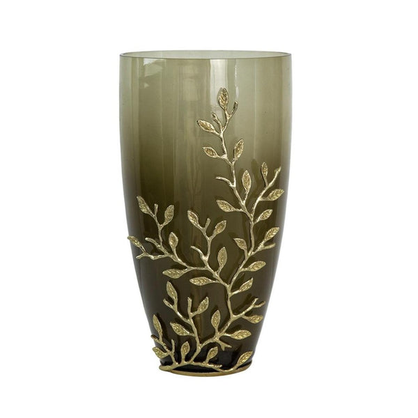 HomeRoots 15" Dark Olive Green Table Vase with Gold Branch Design – Elegant Home Décor for Flowers & Gifts 574250