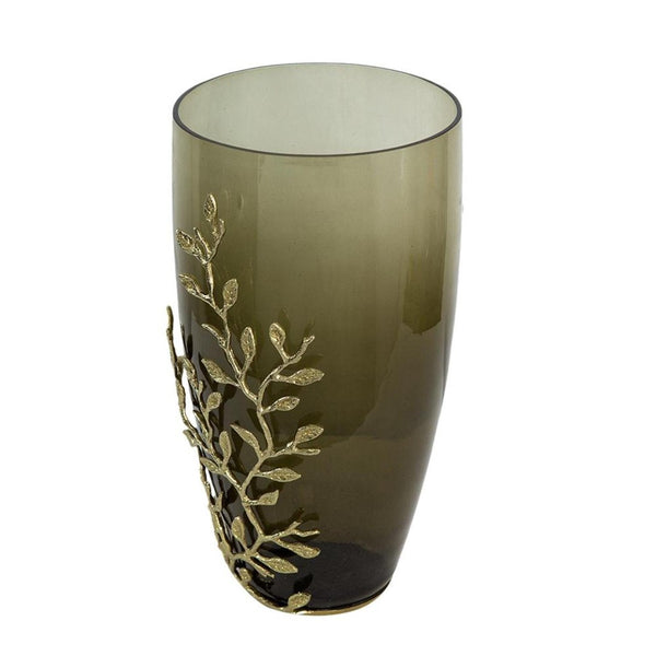 HomeRoots 15" Dark Olive Green Table Vase with Gold Branch Design – Elegant Home Décor for Flowers & Gifts 574250