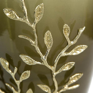 HomeRoots 15" Dark Olive Green Table Vase with Gold Branch Design – Elegant Home Décor for Flowers & Gifts 574250