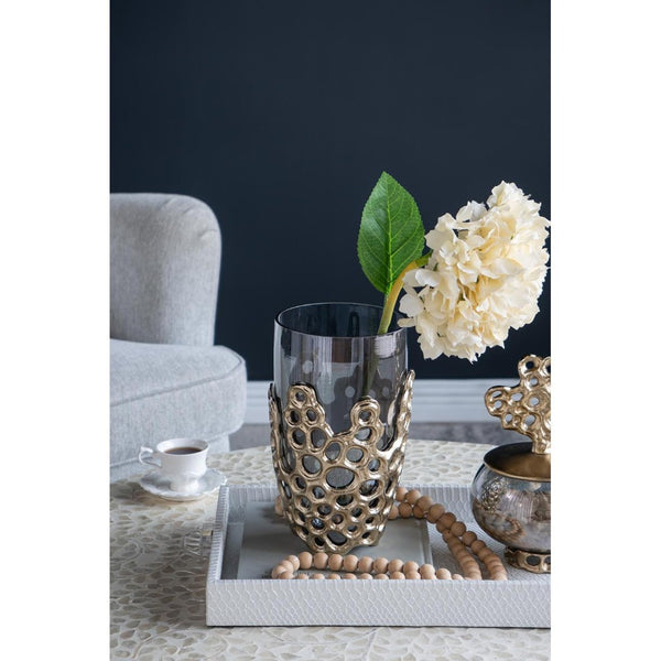 HomeRoots 11" Black Glass Vase with Gold Aluminum Geometric Circles - Modern Elegance for Every Space 574251